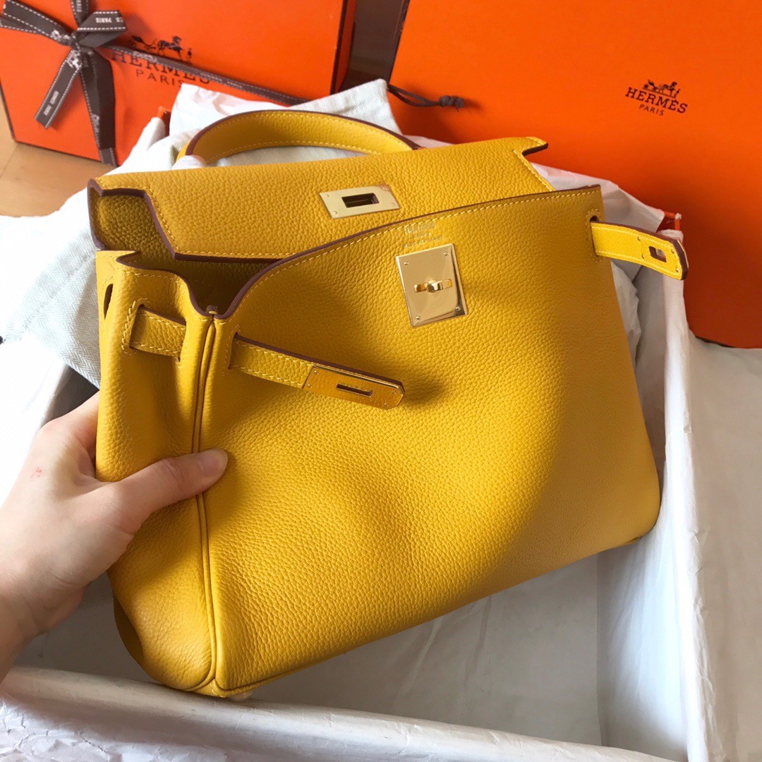 H**mes kelly retourne 28 handmade bag in jaune ambre clemence leather
