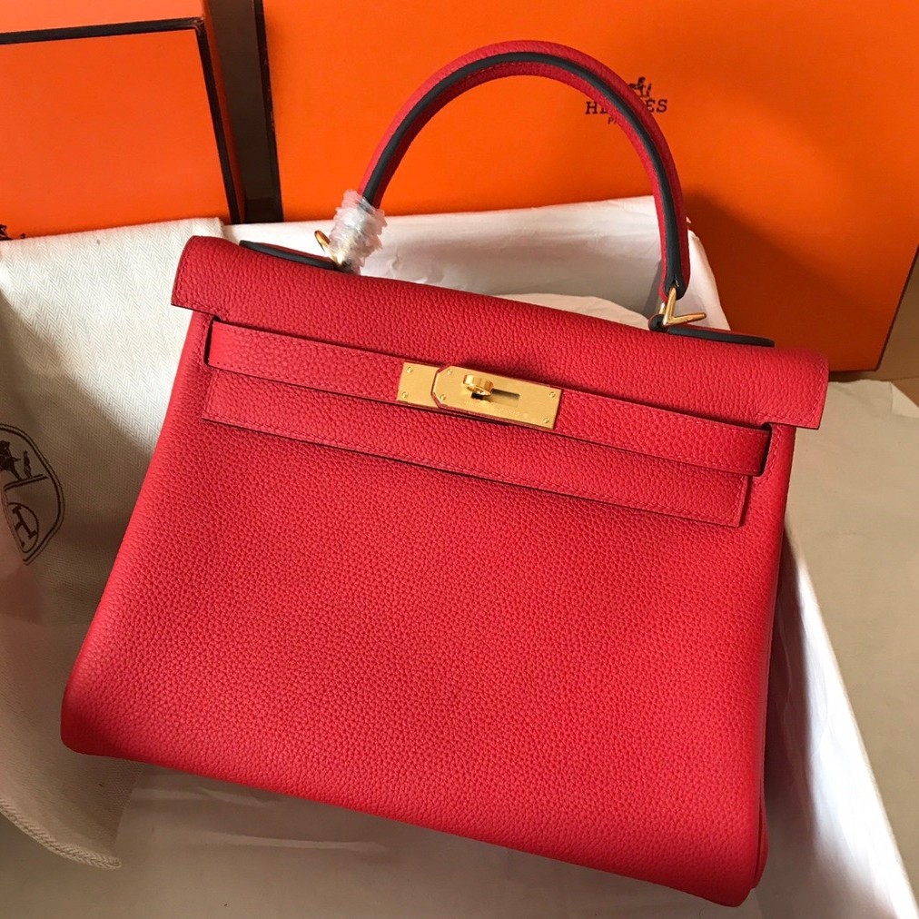 H**mes kelly retourne 28 handmade bag in red clemence leather