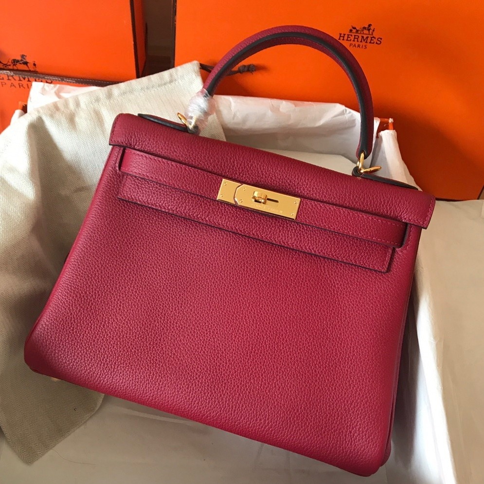 H**mes kelly retourne 28 handmade bag in ruby clemence leather