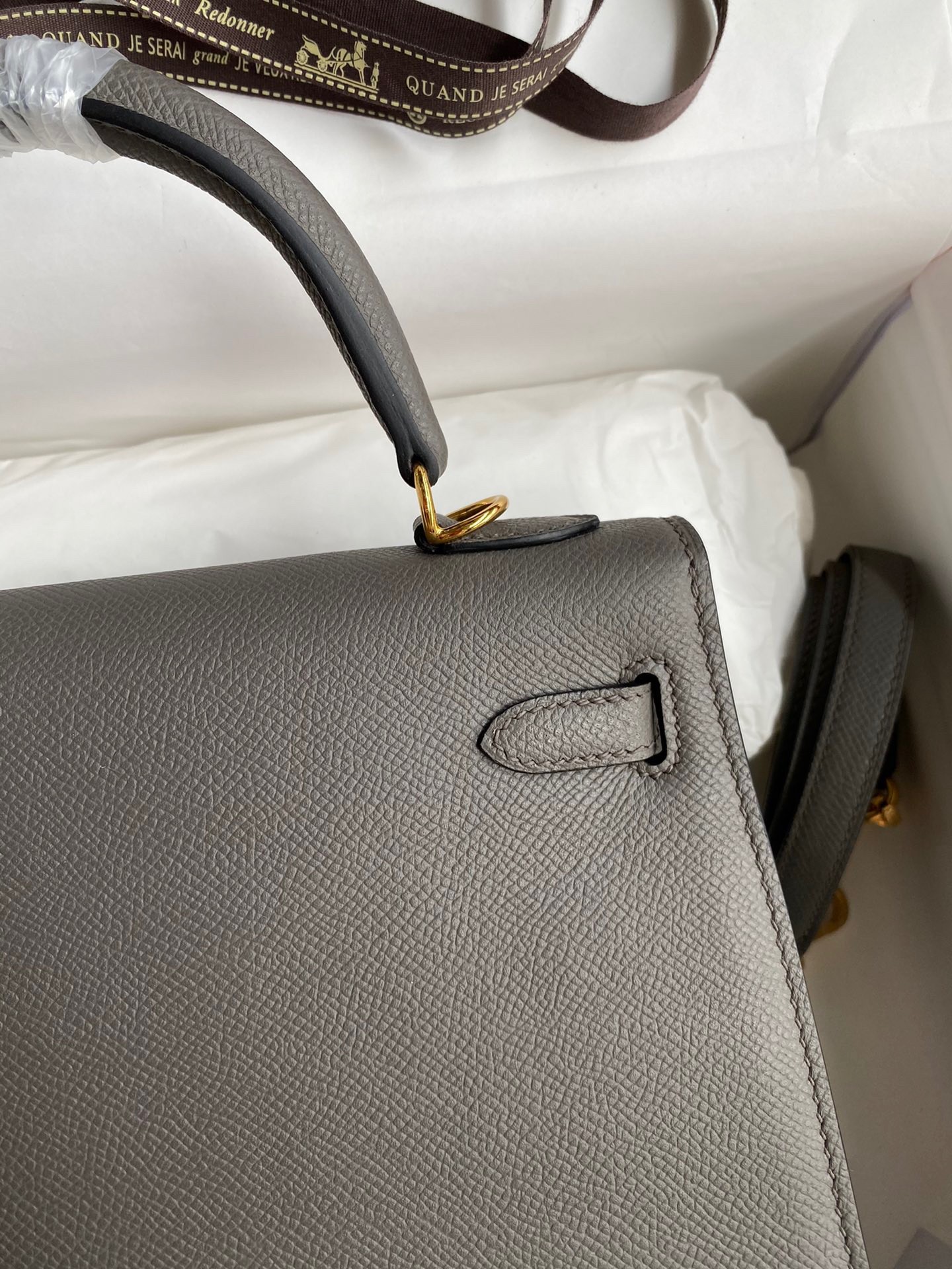 H**mes kelly sellier 28 handmade bag in etain epsom calfskin