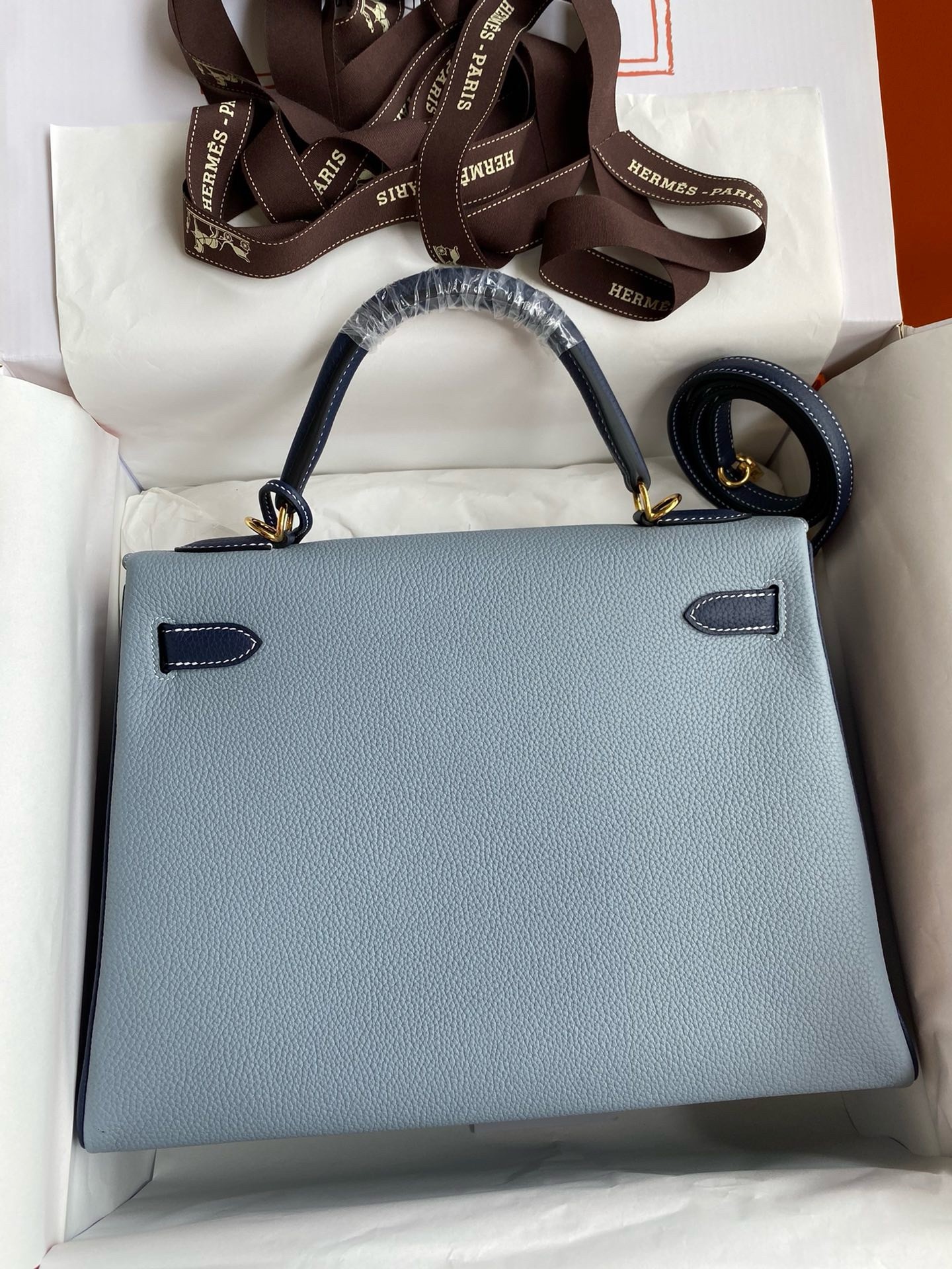 H**mes hss kelly 32 bicolor bag in blue lin and blue clemence leather