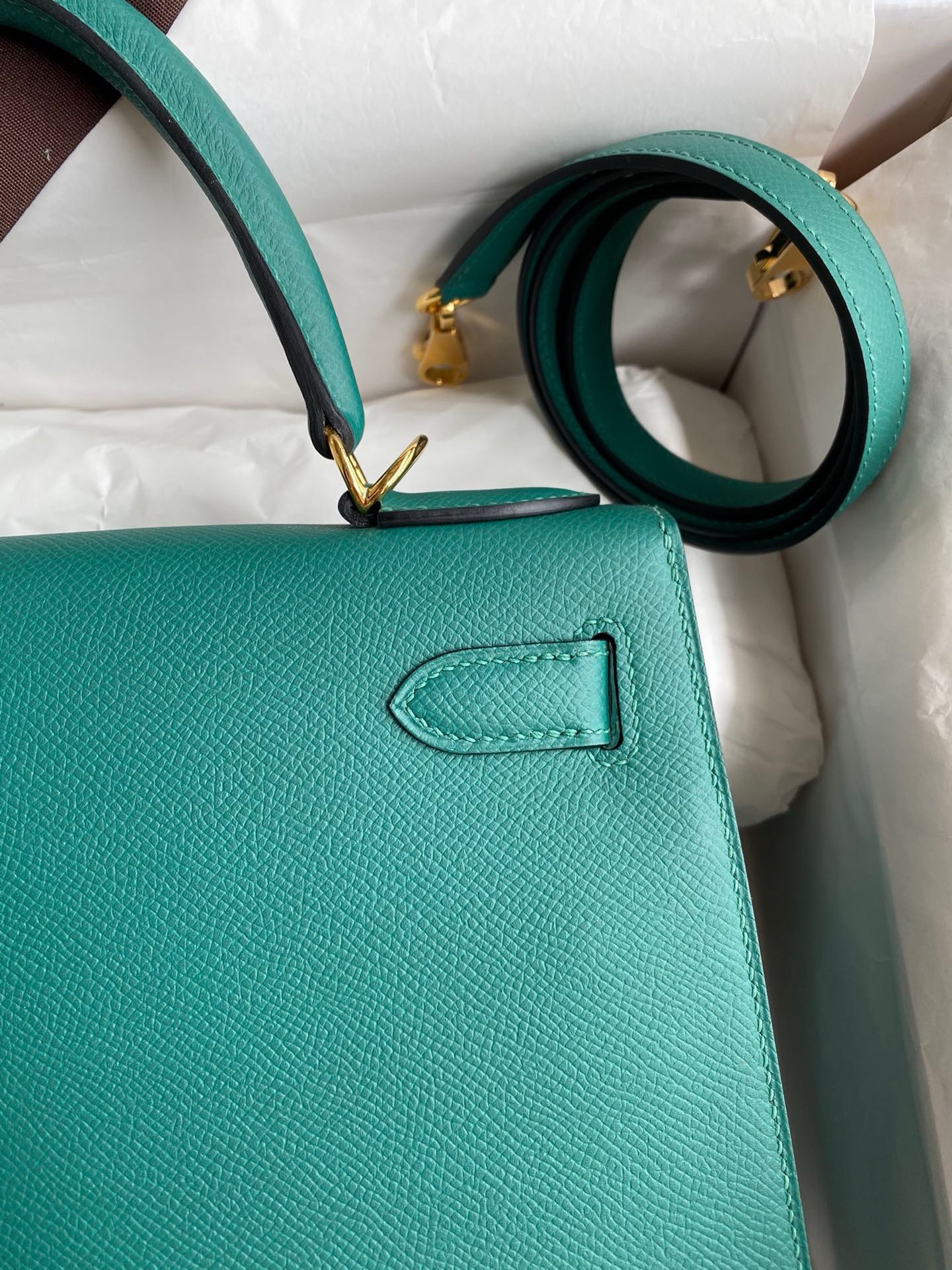 H**mes kelly sellier 32 handmade bag in malachite epsom calfskin