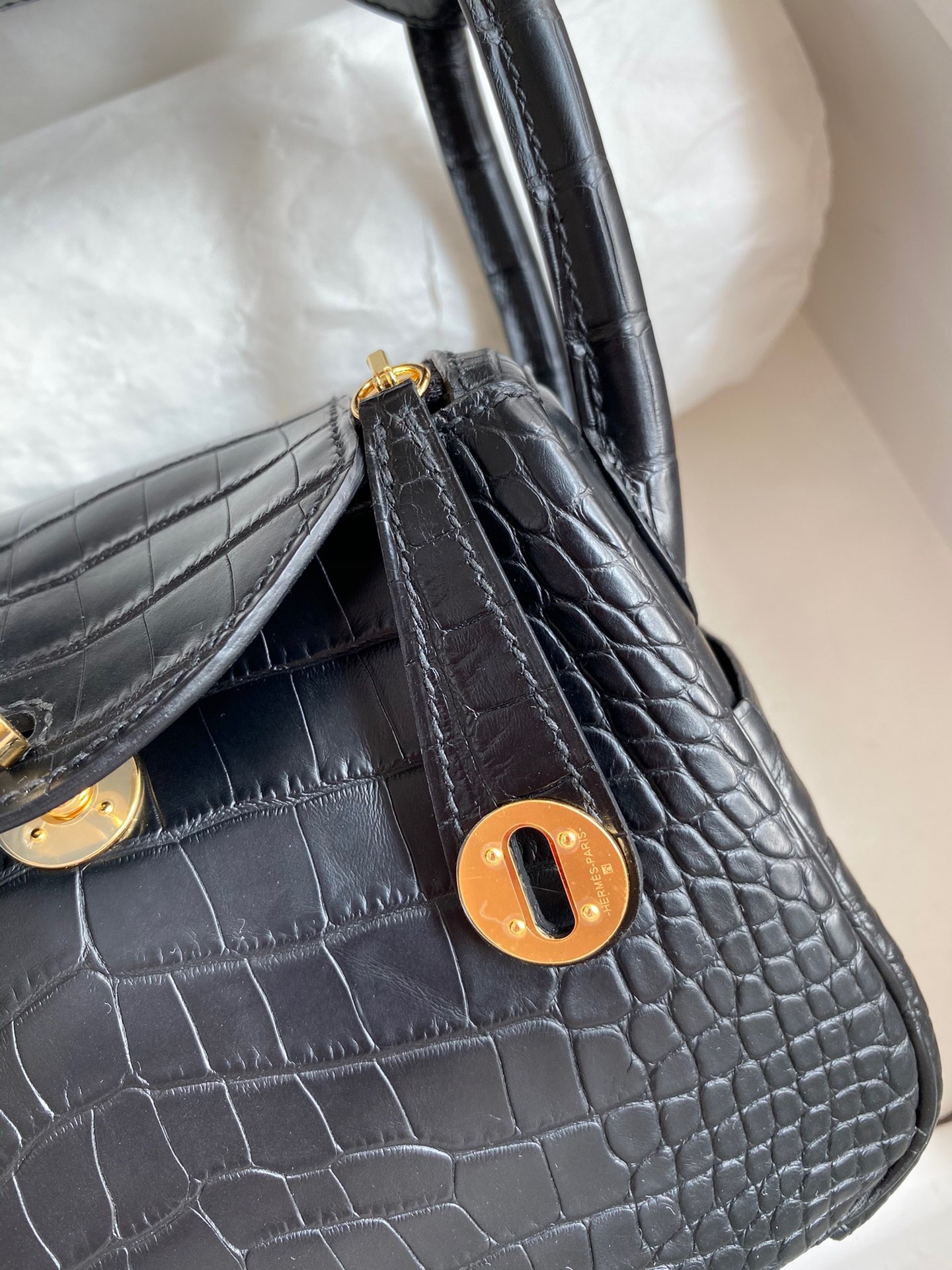 H**mes mini lindy handmade bag in black matte alligator leather