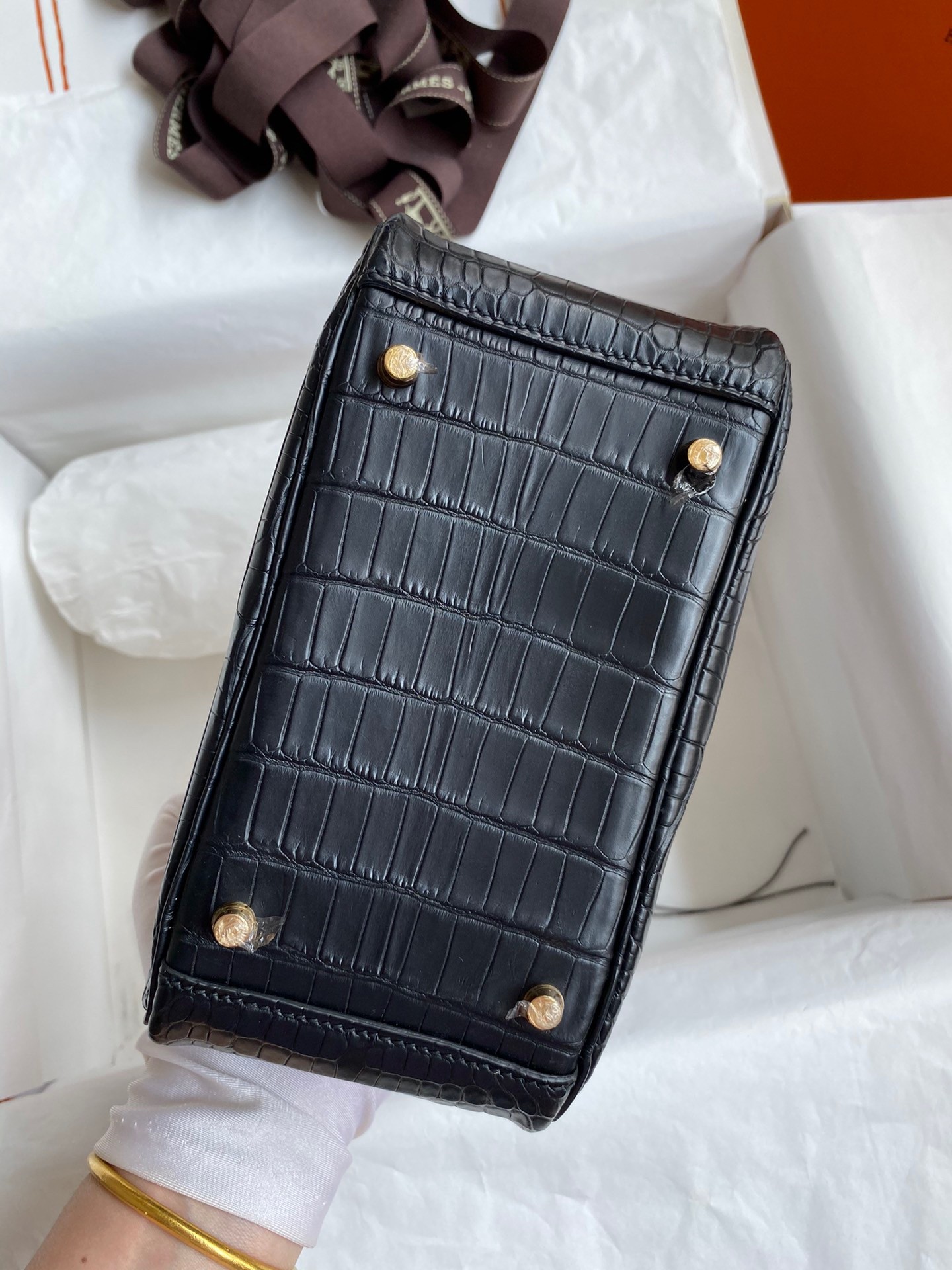 H**mes mini lindy handmade bag in black matte alligator leather