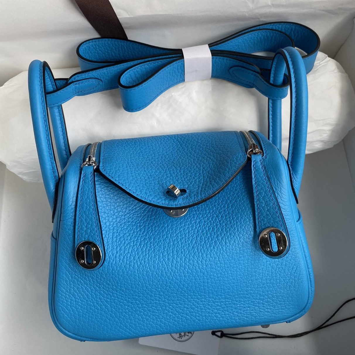 H**mes mini lindy handmade bag in blue frida clemence leather