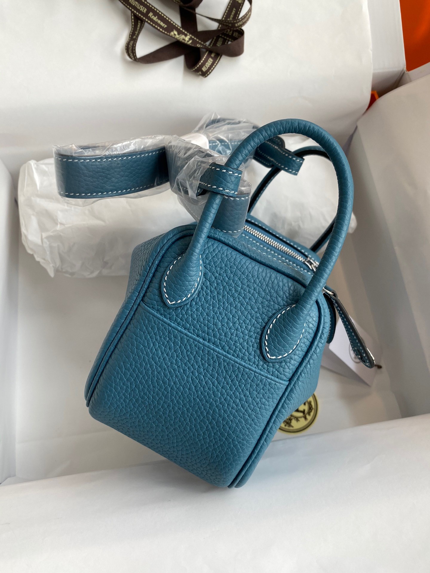H**mes mini lindy handmade bag in blue jean clemence leather