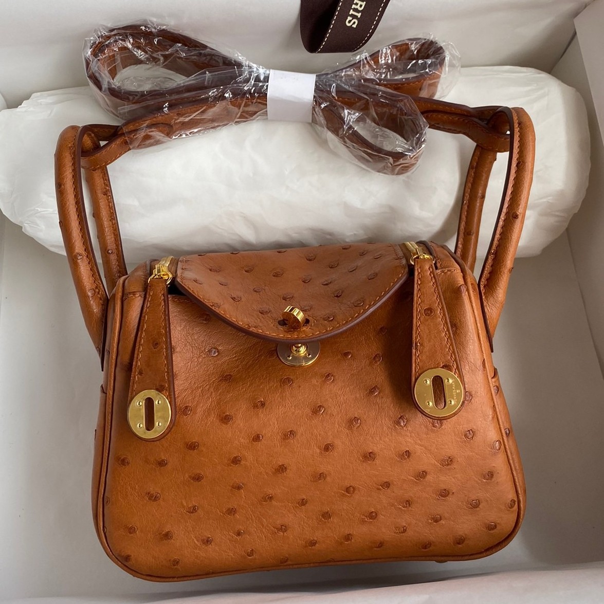 H**mes mini lindy handmade bag in gold ostrich leather