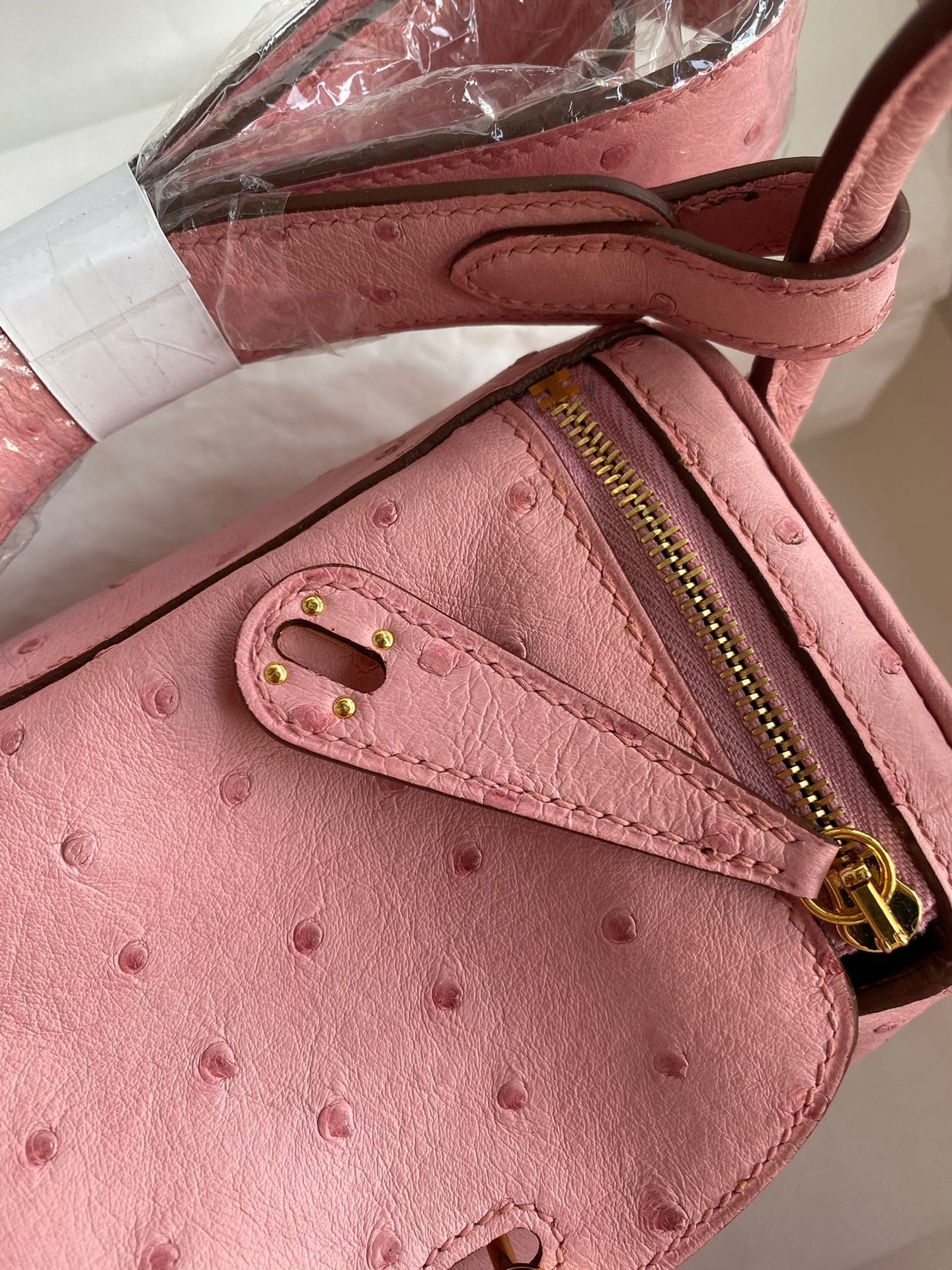 H**mes mini lindy handmade bag in rose sakura ostrich leather