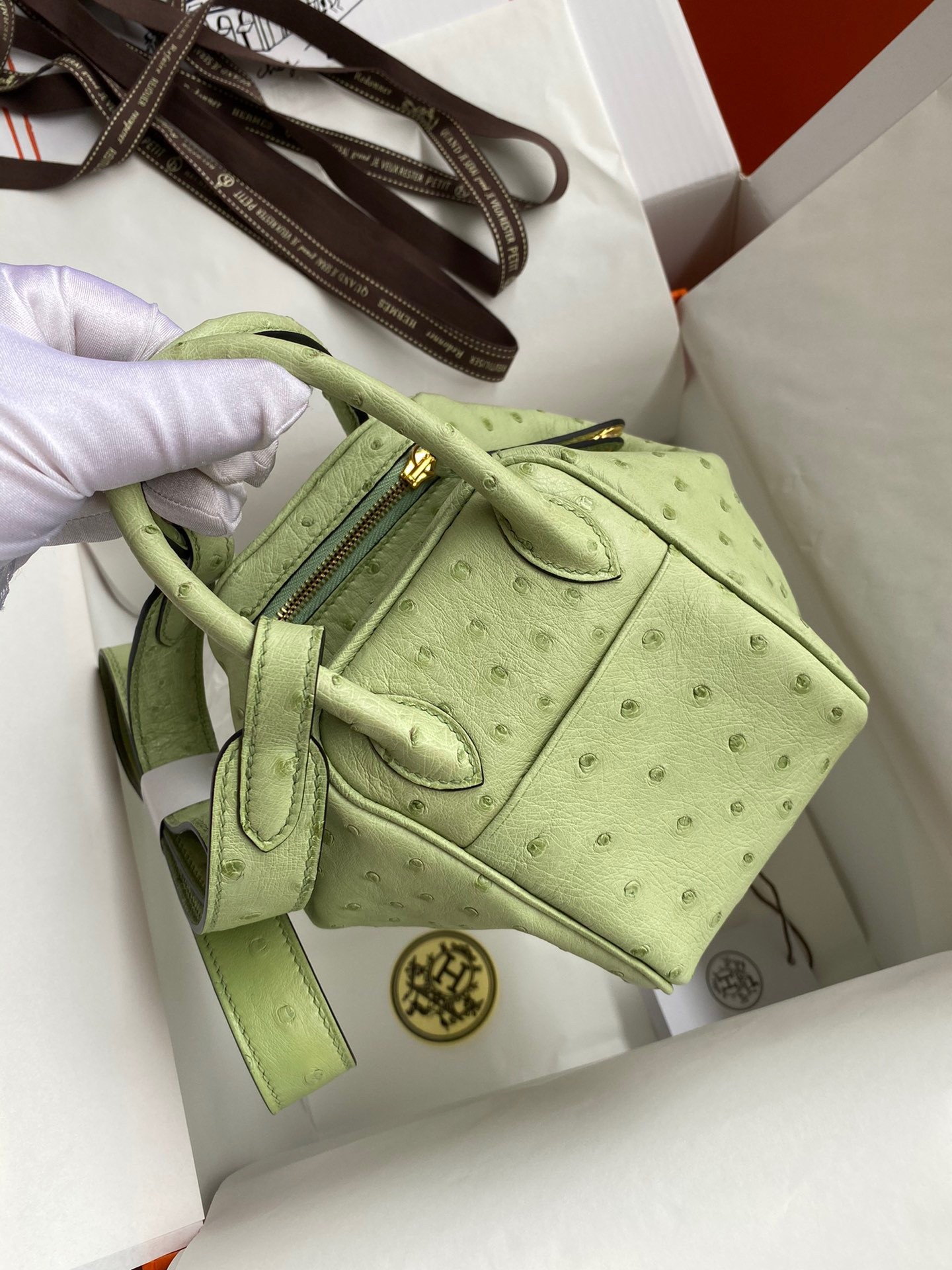 H**mes mini lindy handmade bag in vert cypres ostrich leather