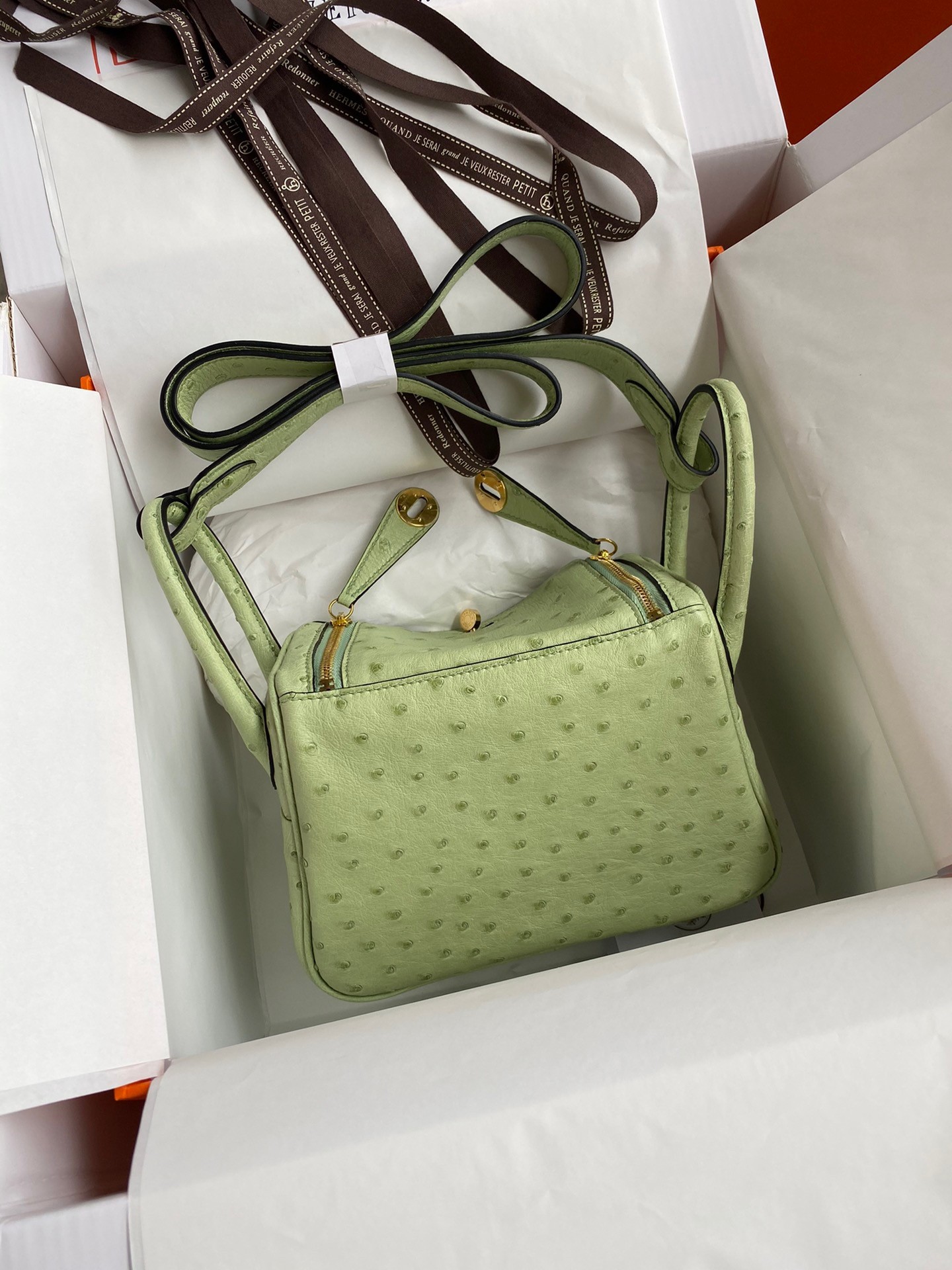 H**mes mini lindy handmade bag in vert cypres ostrich leather