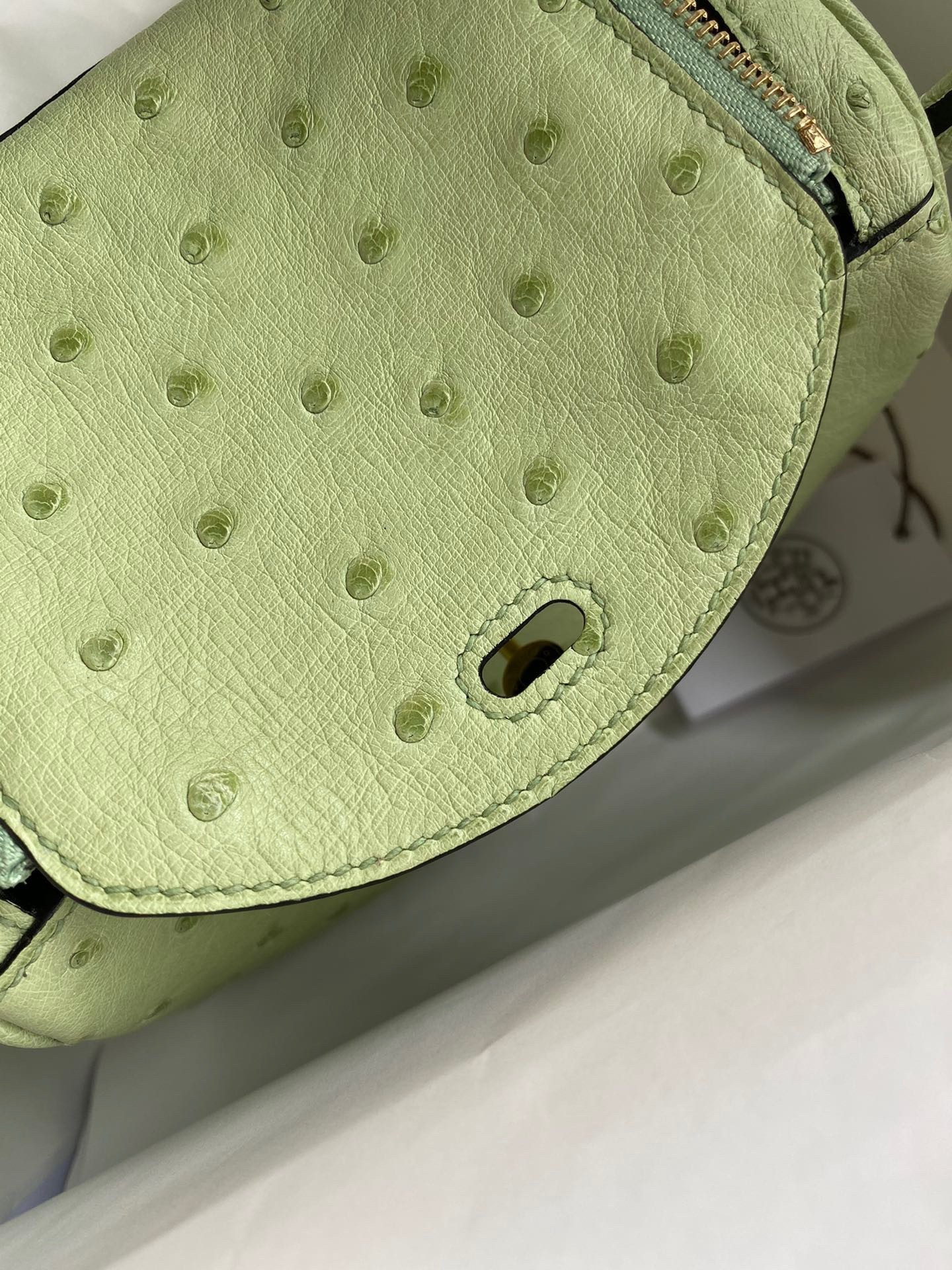 H**mes mini lindy handmade bag in vert cypres ostrich leather