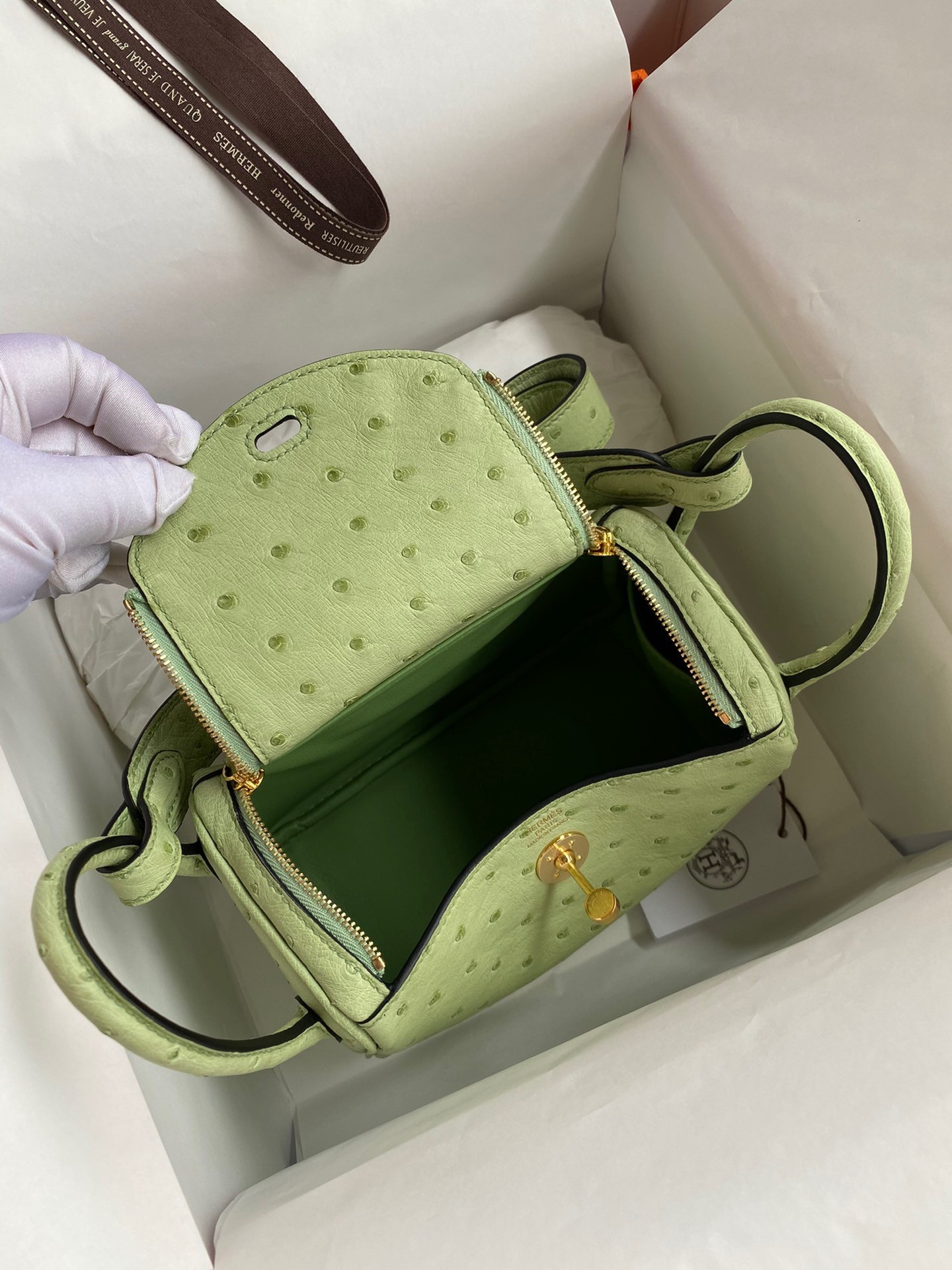 H**mes mini lindy handmade bag in vert cypres ostrich leather