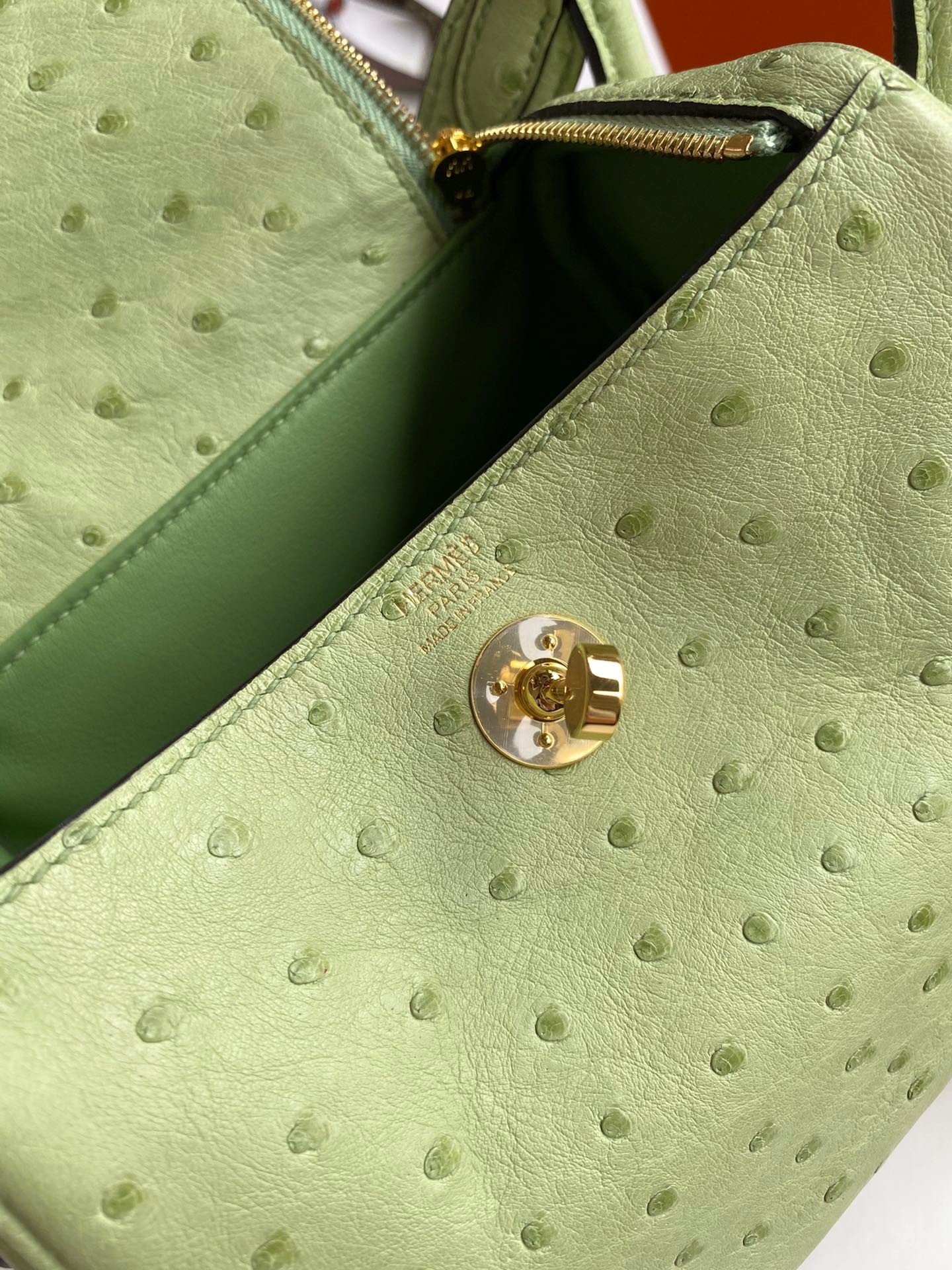 H**mes mini lindy handmade bag in vert cypres ostrich leather