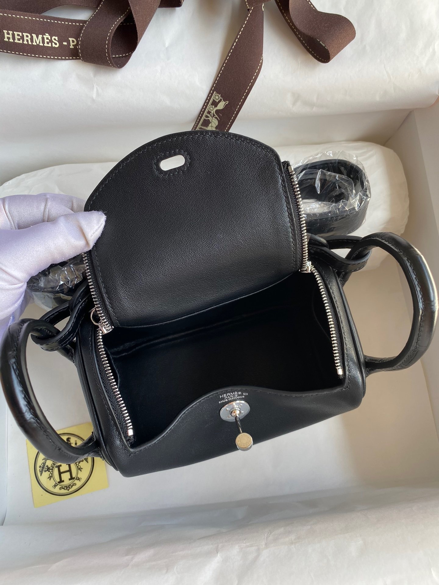 H**mes mini lindy handmade bag in black swift leather