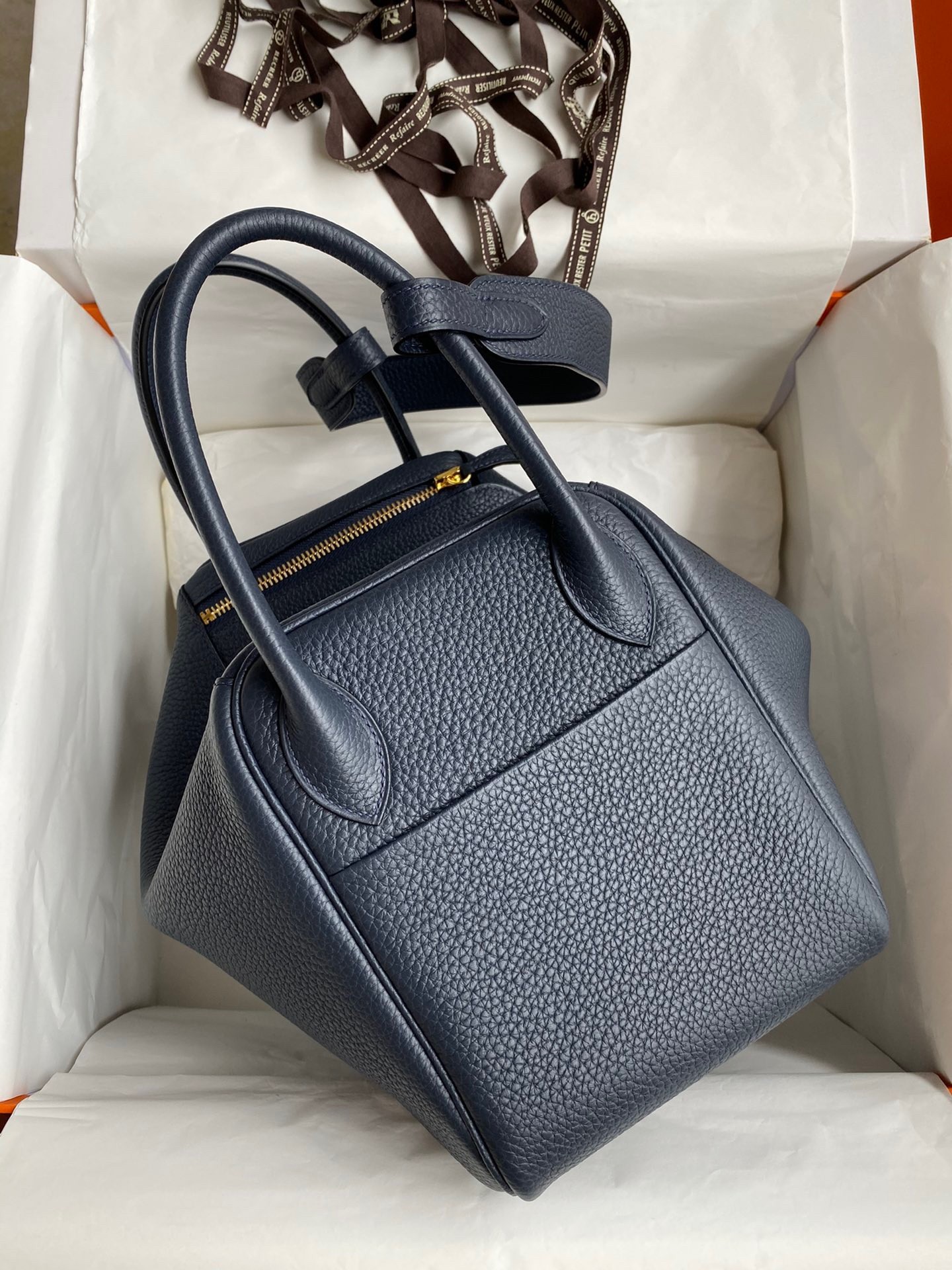 H**mes lindy 30 handmade bag in blue nuit clemence leather