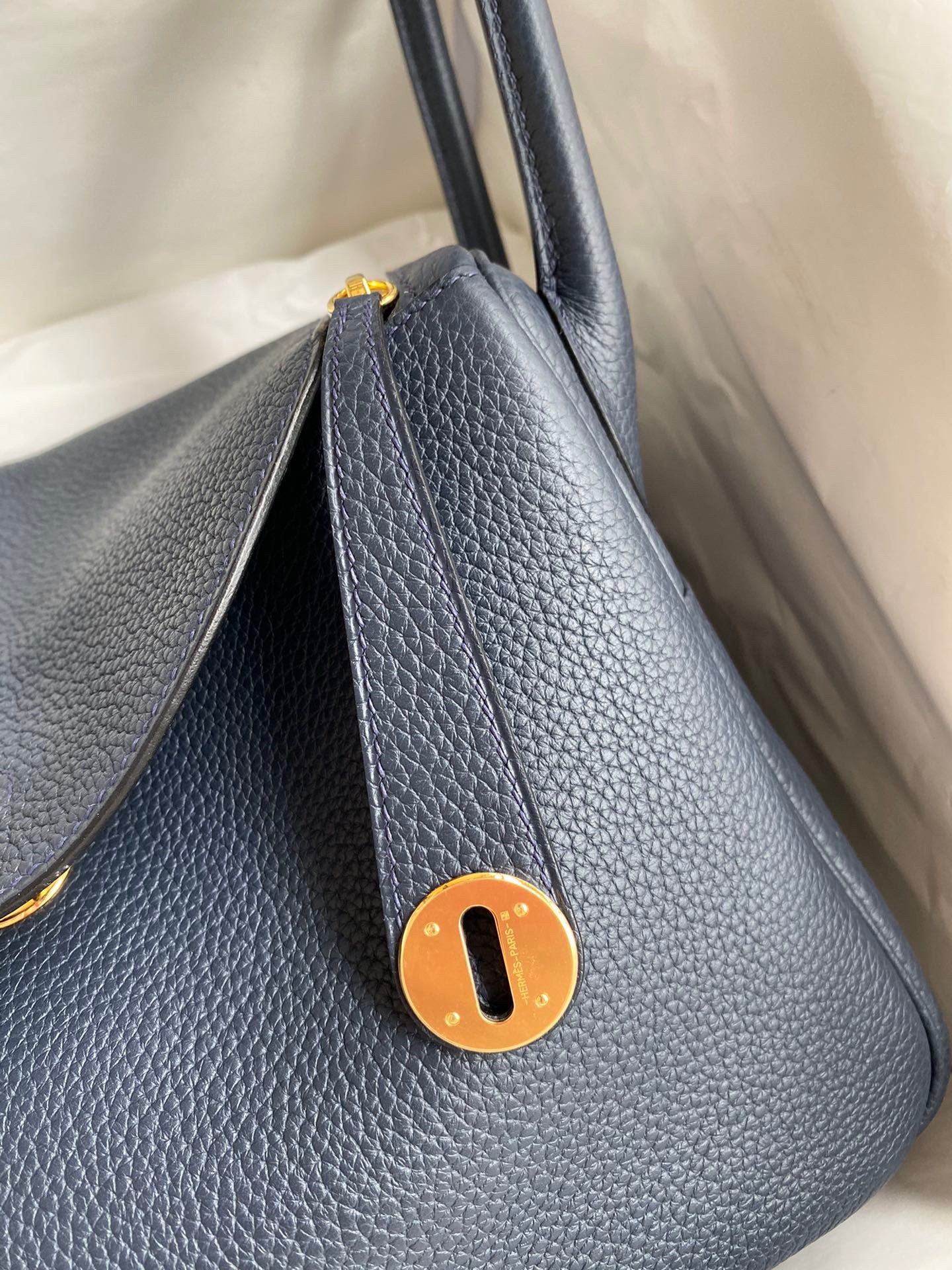 H**mes lindy 30 handmade bag in blue nuit clemence leather