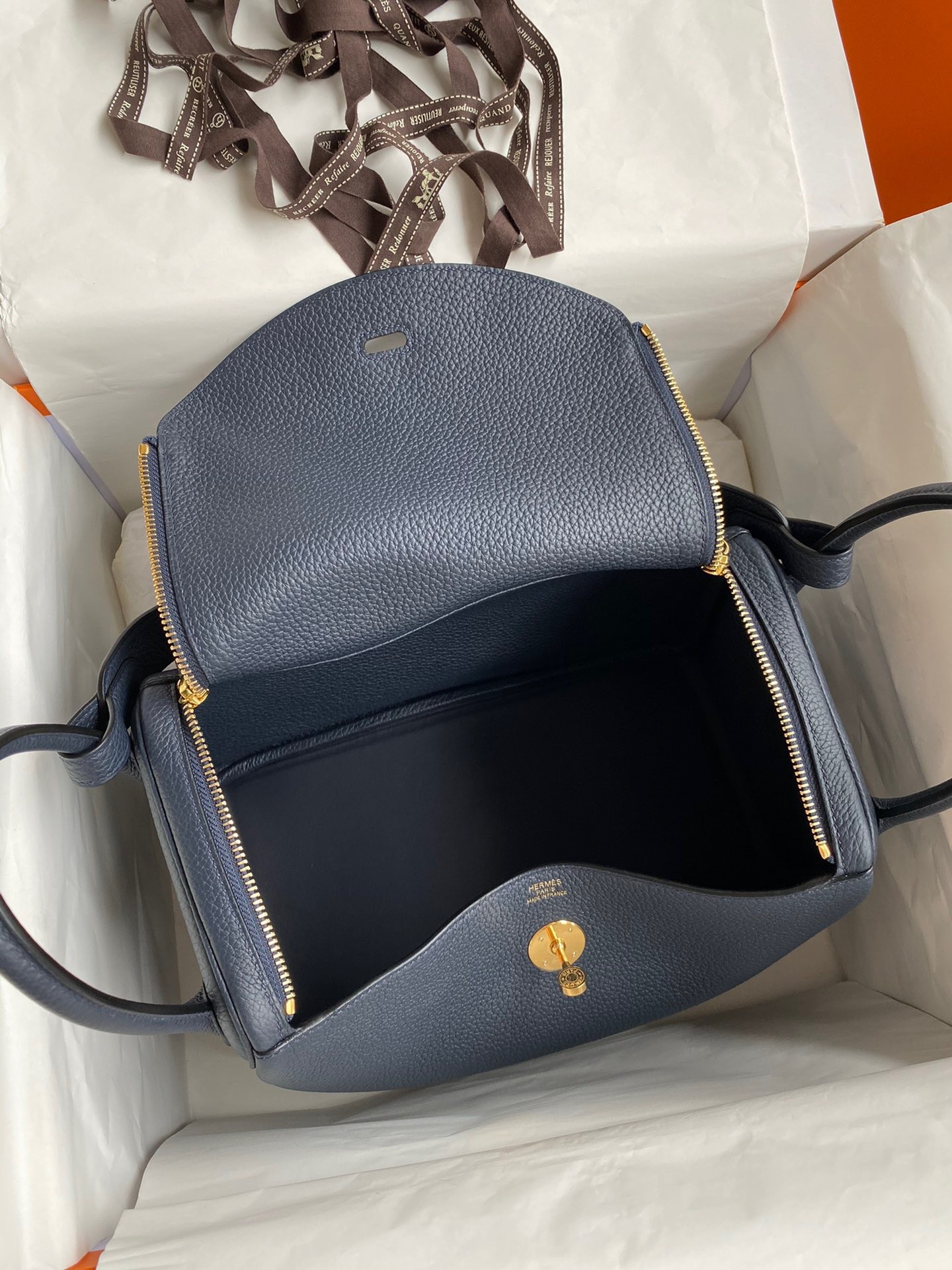 H**mes lindy 30 handmade bag in blue nuit clemence leather