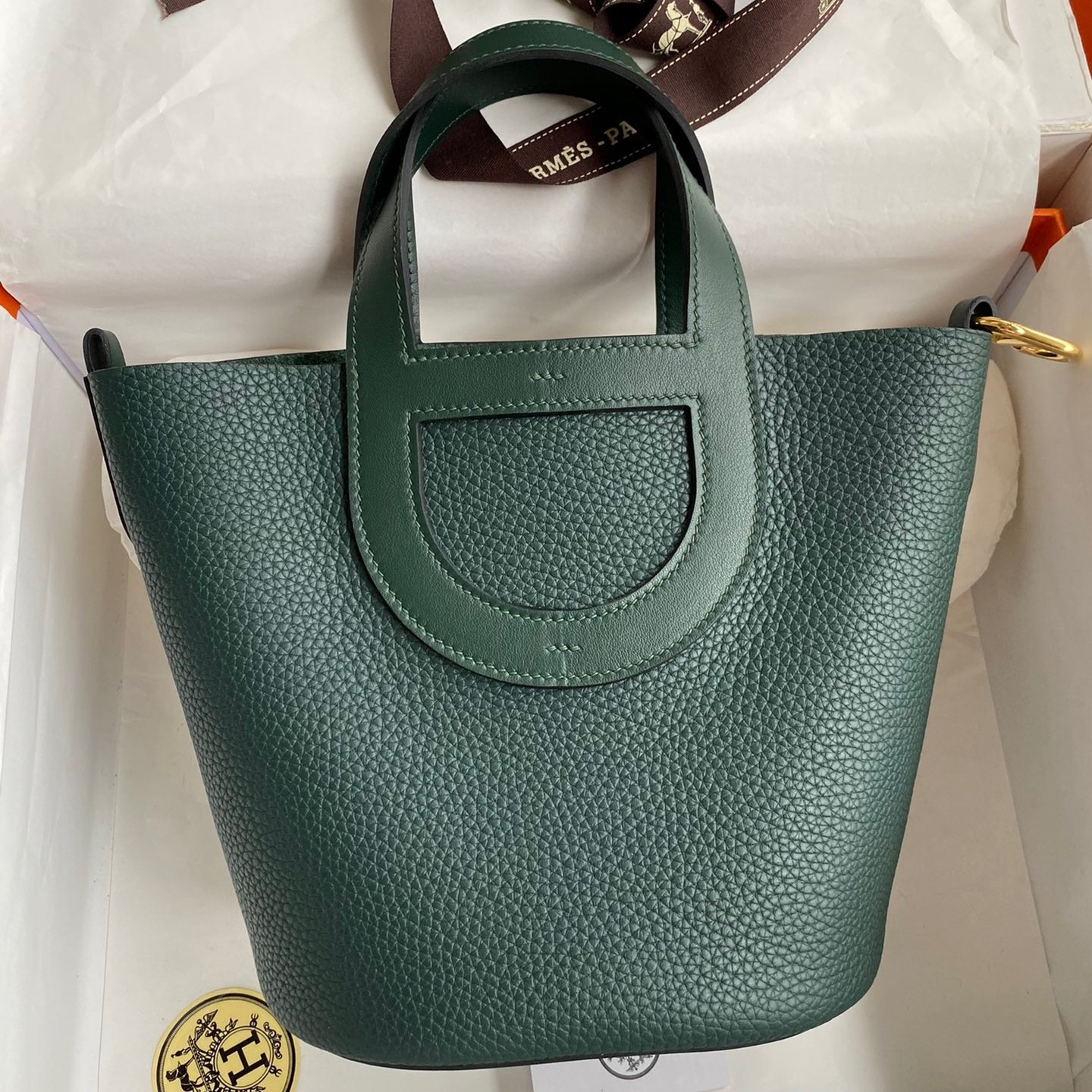 H**mes in the loop 18 handmade bag in vert cypres clemence leather