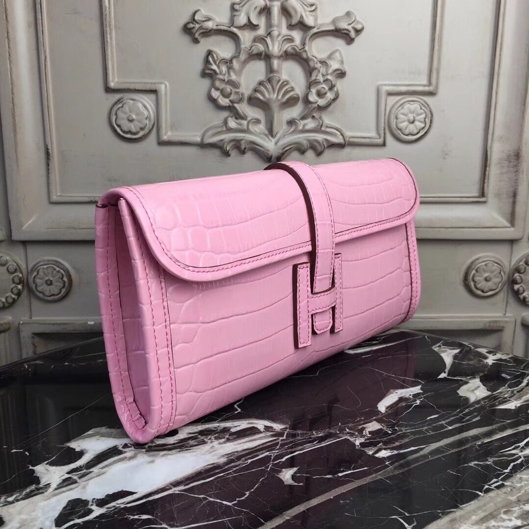 H**mes jige elan 29 clutch in pink crocodile leather