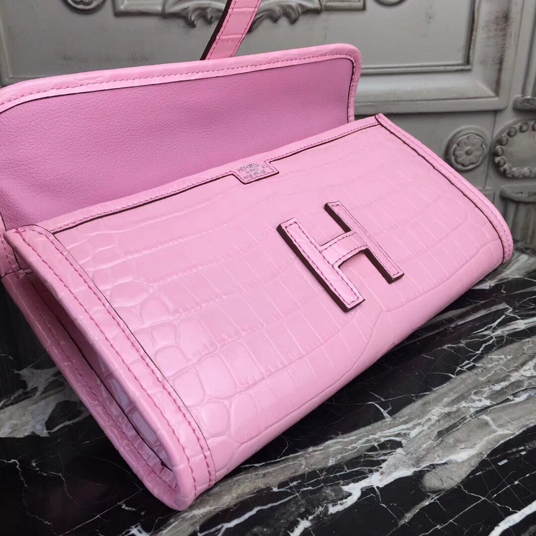 H**mes jige elan 29 clutch in pink crocodile leather