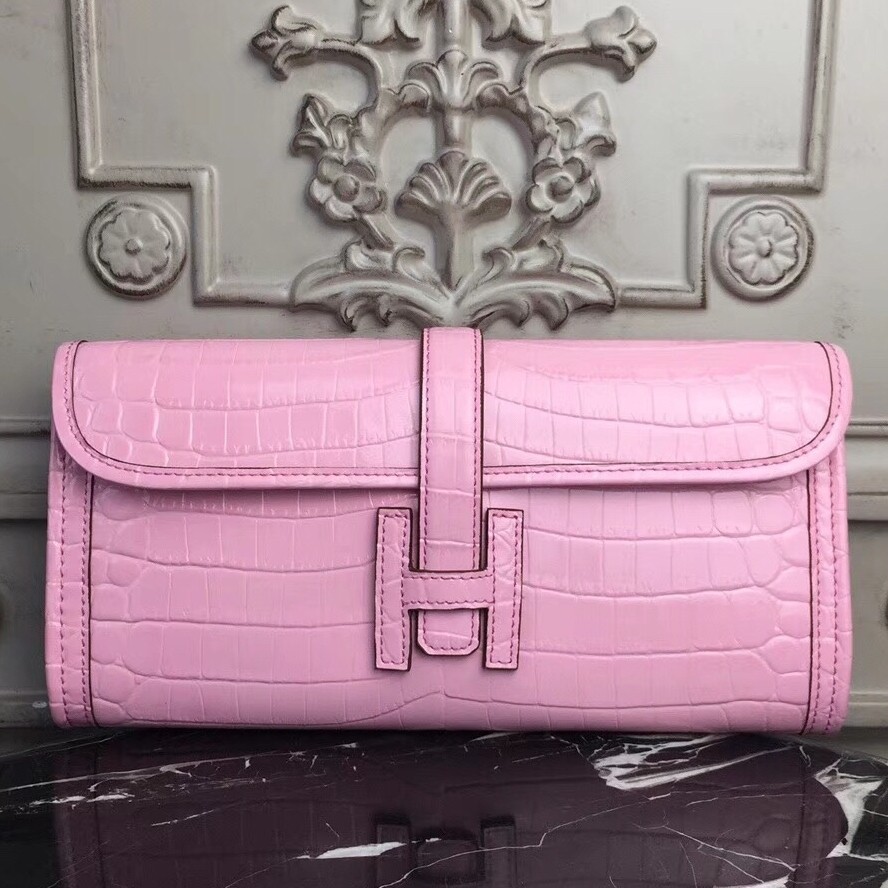 H**mes jige elan 29 clutch in pink crocodile leather