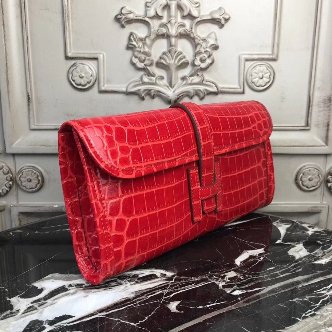 H**mes jige elan 29 clutch in red crocodile leather