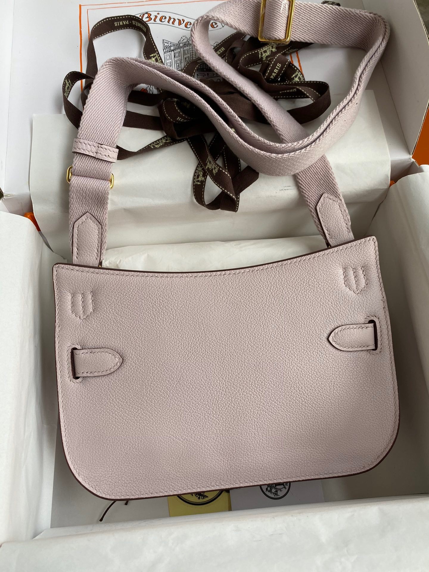 H**mes jypsiere mini handmade bag in mauve pale evercolor calfskin