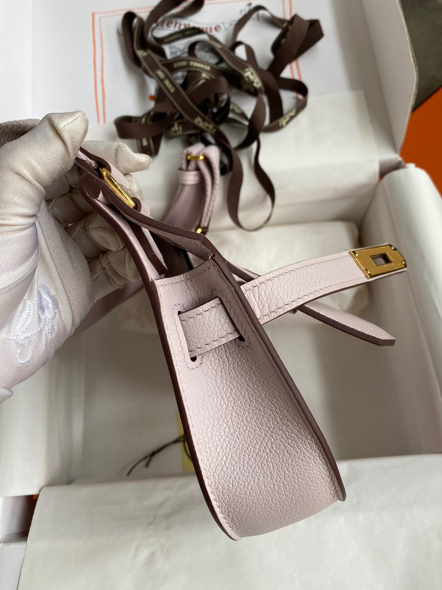 H**mes jypsiere mini handmade bag in mauve pale evercolor calfskin