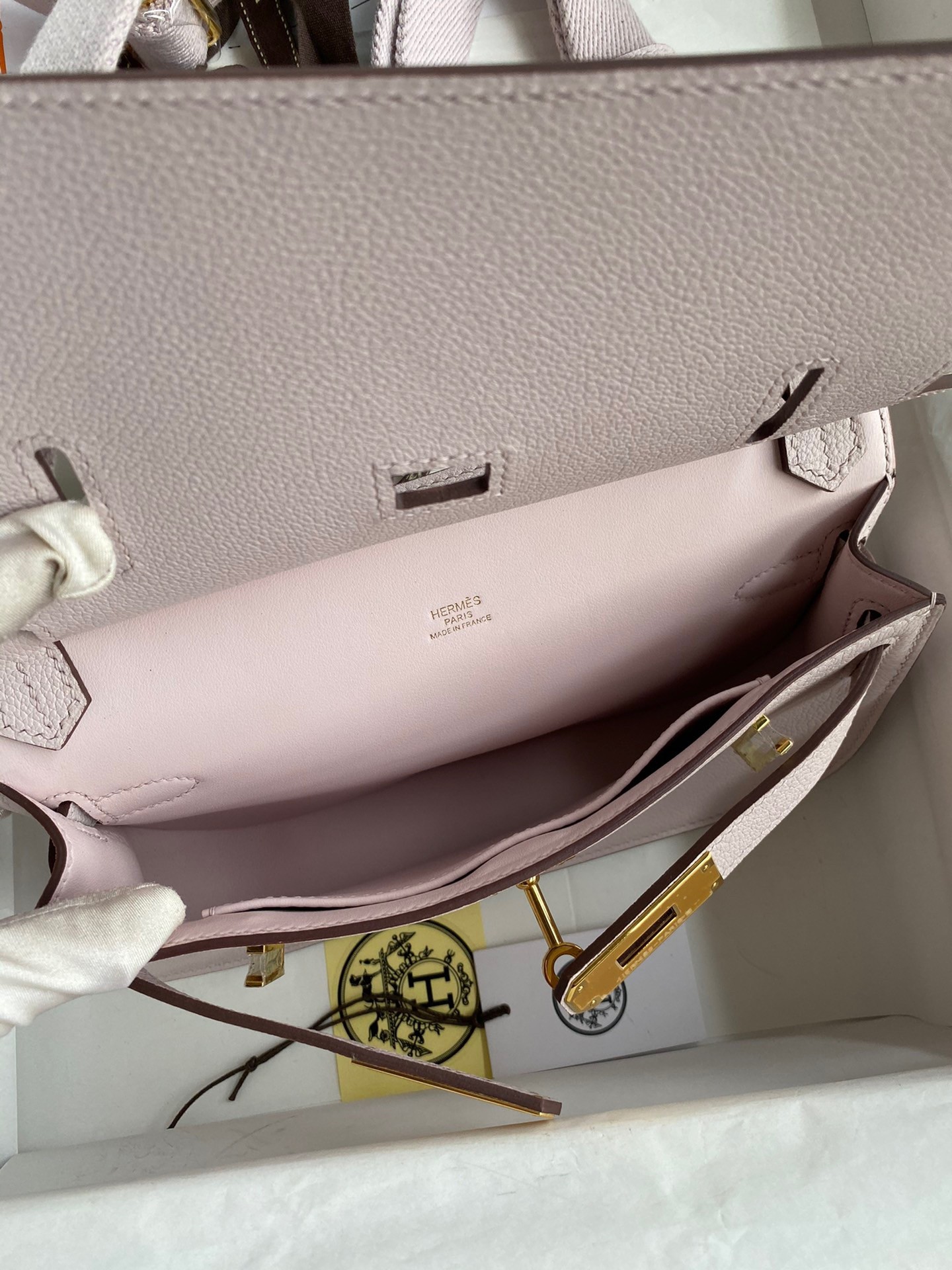H**mes jypsiere mini handmade bag in mauve pale evercolor calfskin