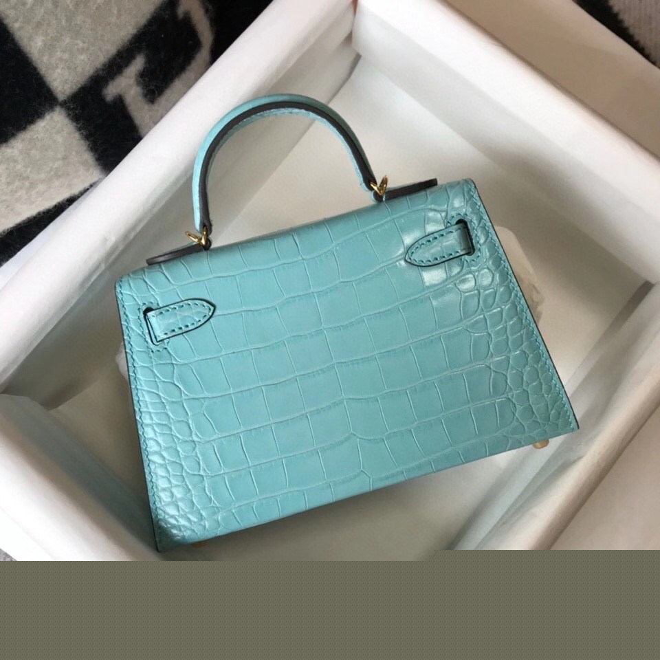H**mes kelly mini ii bag in blue atoll embossed crocodile leather