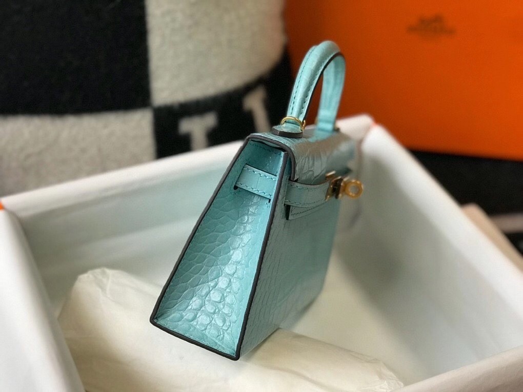 H**mes kelly mini ii bag in blue atoll embossed crocodile leather