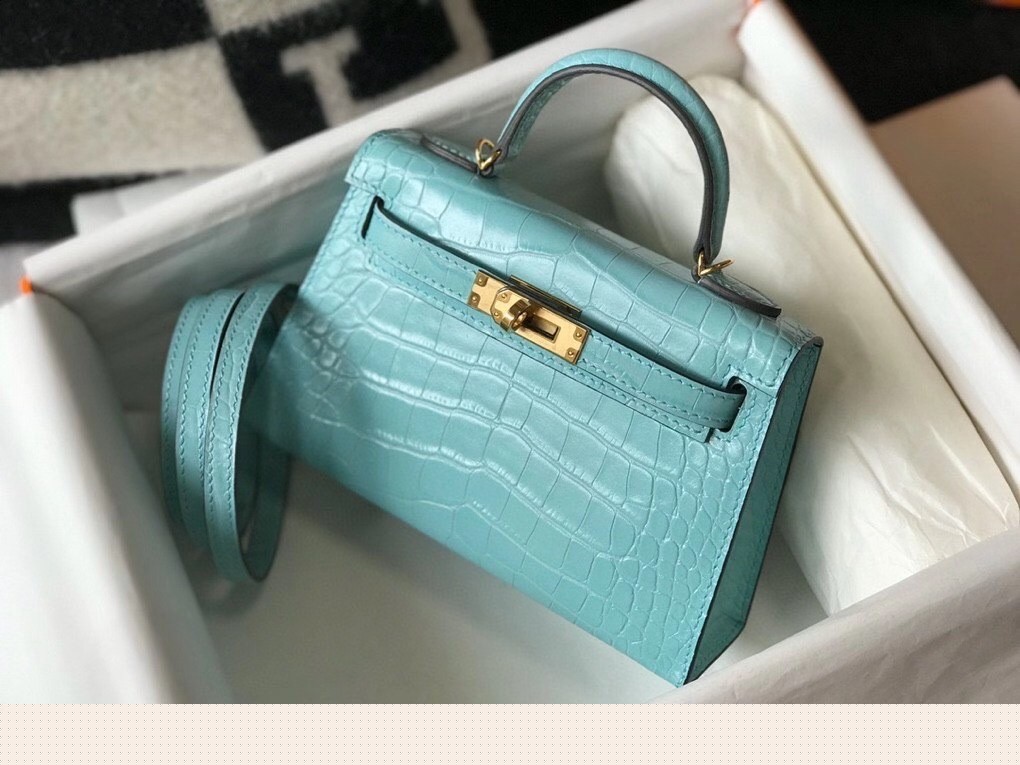 H**mes kelly mini ii bag in blue atoll embossed crocodile leather