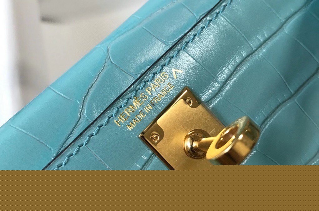 H**mes kelly mini ii bag in blue atoll embossed crocodile leather