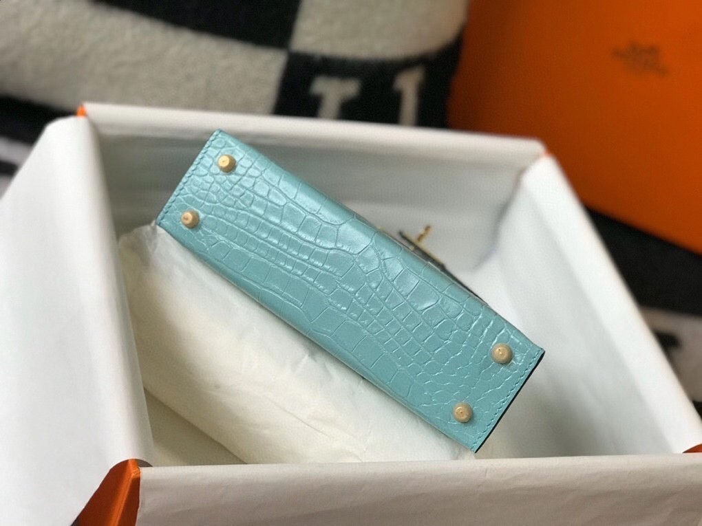 H**mes kelly mini ii bag in blue atoll embossed crocodile leather