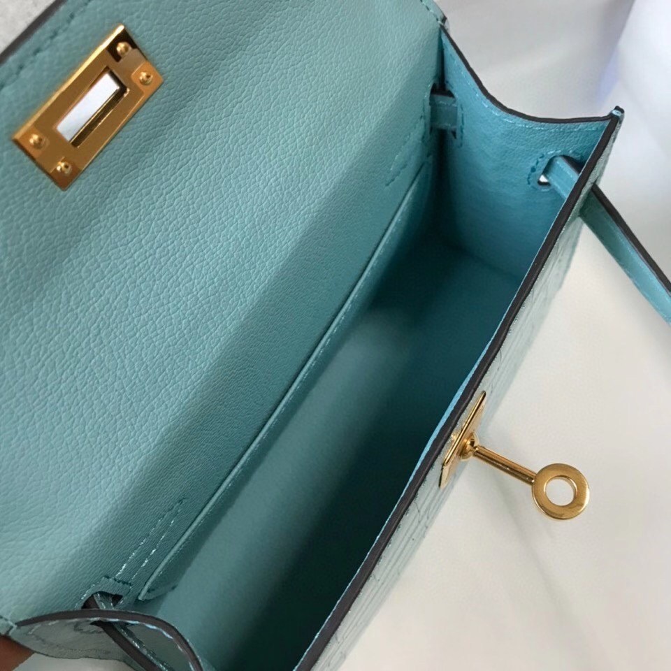 H**mes kelly mini ii bag in blue atoll embossed crocodile leather