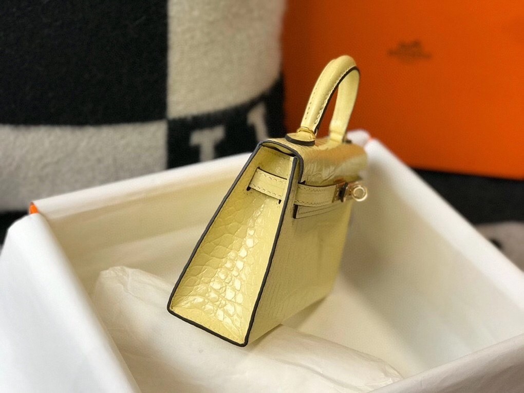 H**mes kelly mini ii bag in jaune poussin embossed crocodile leather
