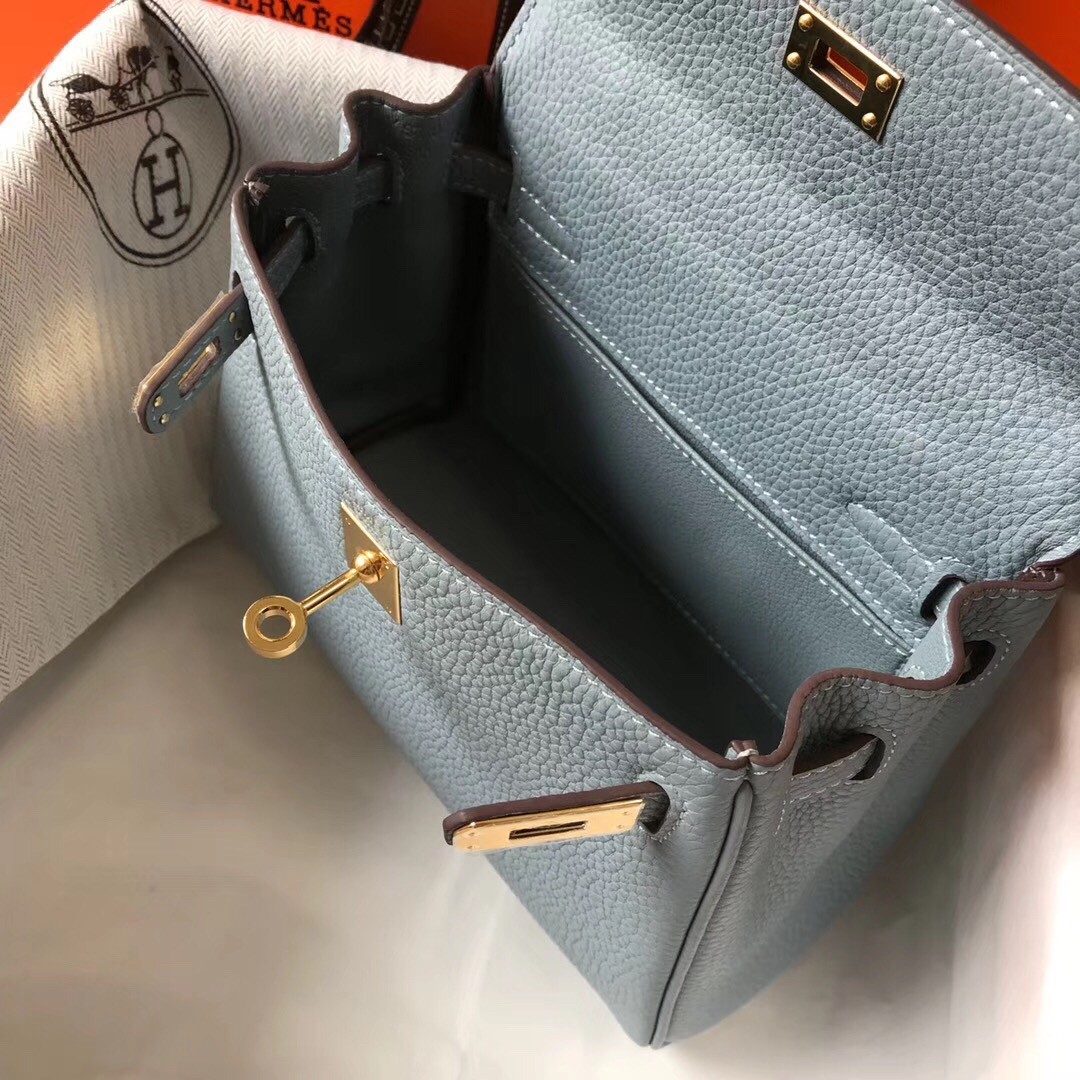 H**mes mini kelly 20cm bag in blue lin clemence leather