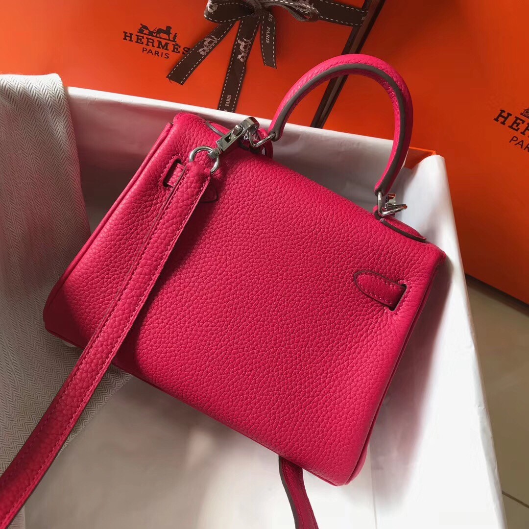 H**mes mini kelly 20cm bag in rose red clemence leather