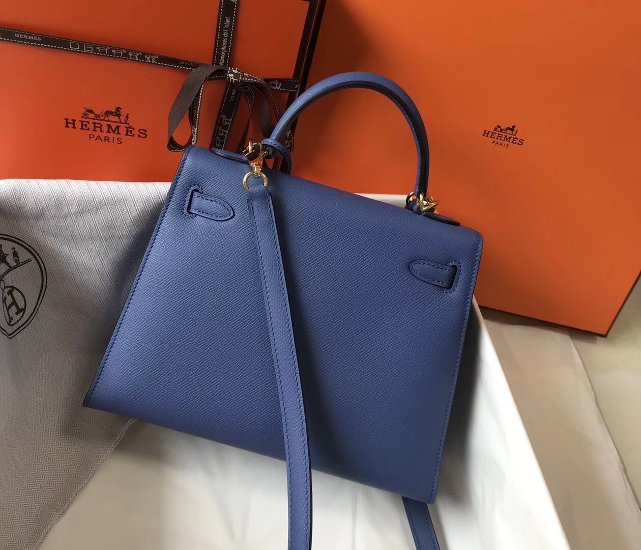 H**mes kelly 25cm sellier bag in agate blue epsom leather