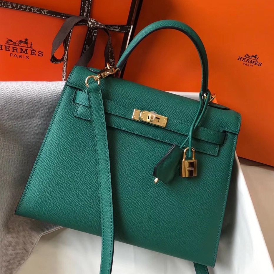 H**mes kelly 25cm sellier bag in malachite epsom leather