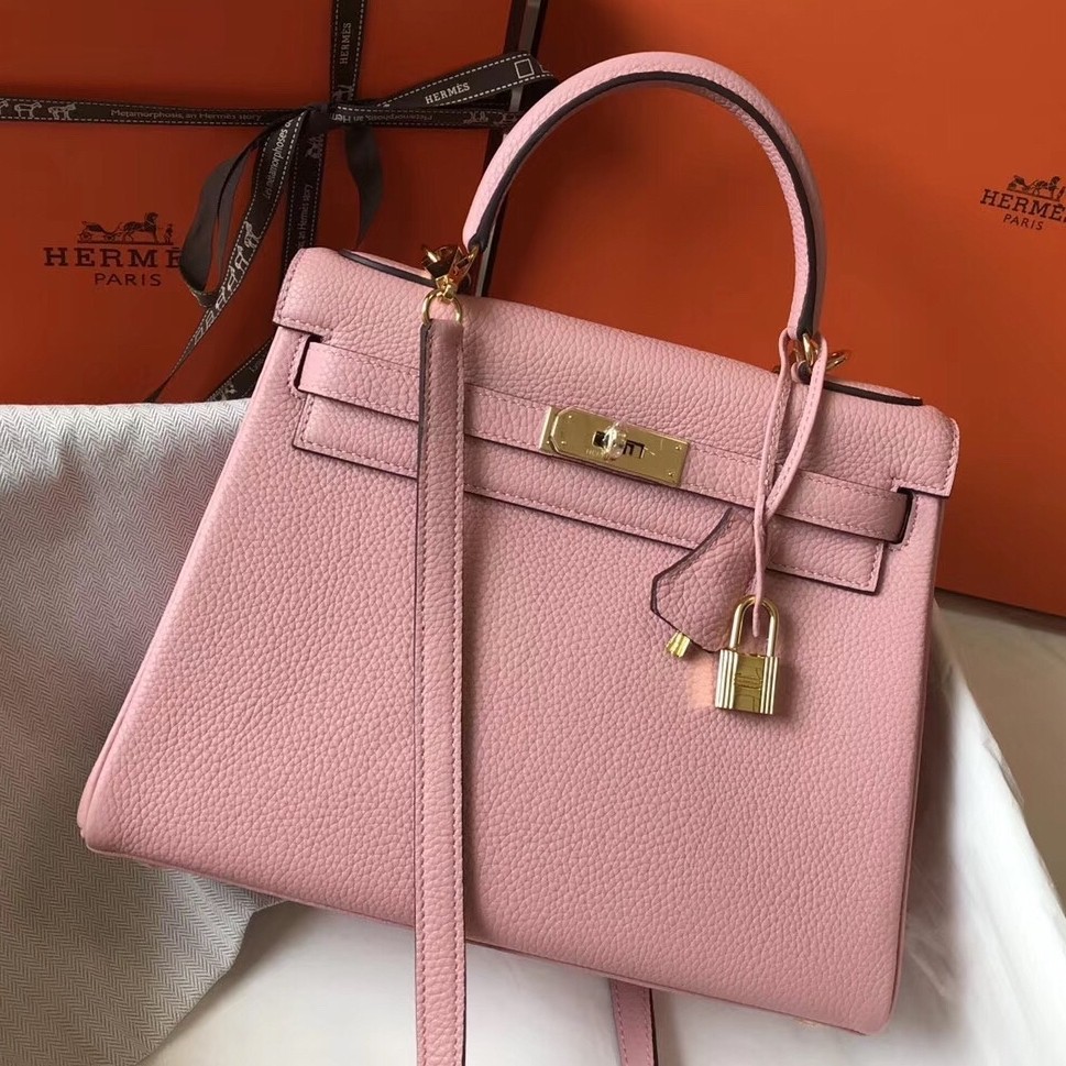 H**mes kelly 28cm retourne bag in pink clemence leather