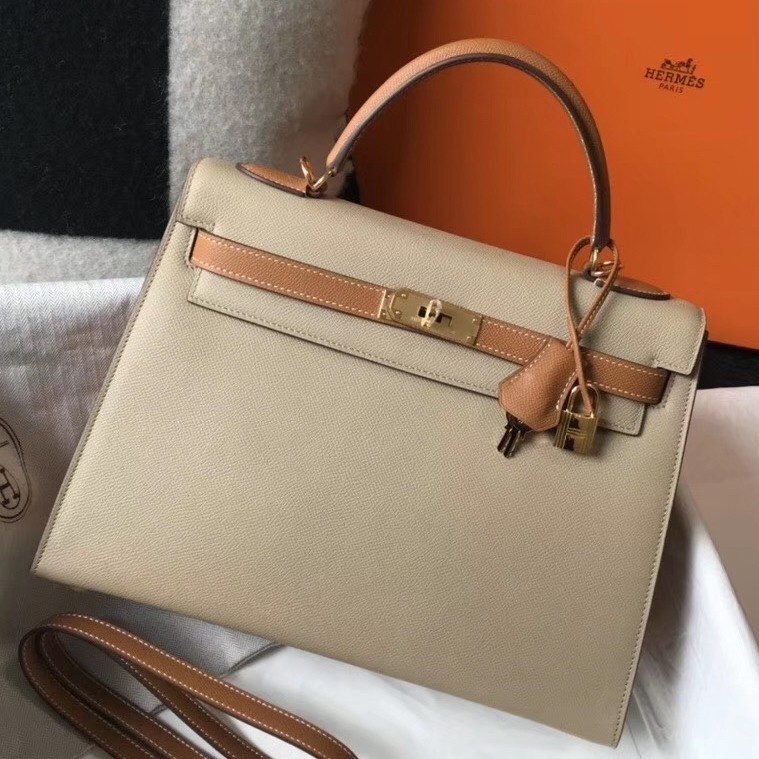 H**mes bi-color kelly 32cm epsom bag tourterelle/gold ghw