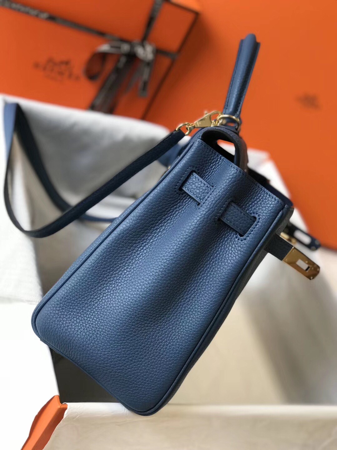H**mes kelly 32cm retourne bag in blue agate clemence leather