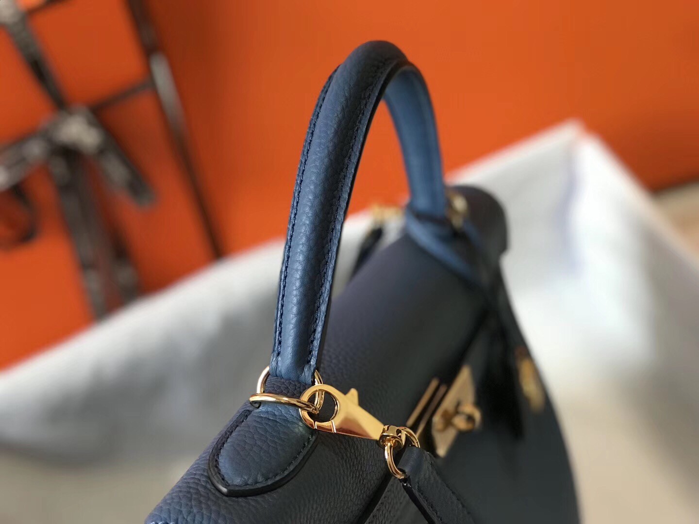 H**mes kelly 32cm retourne bag in blue agate clemence leather