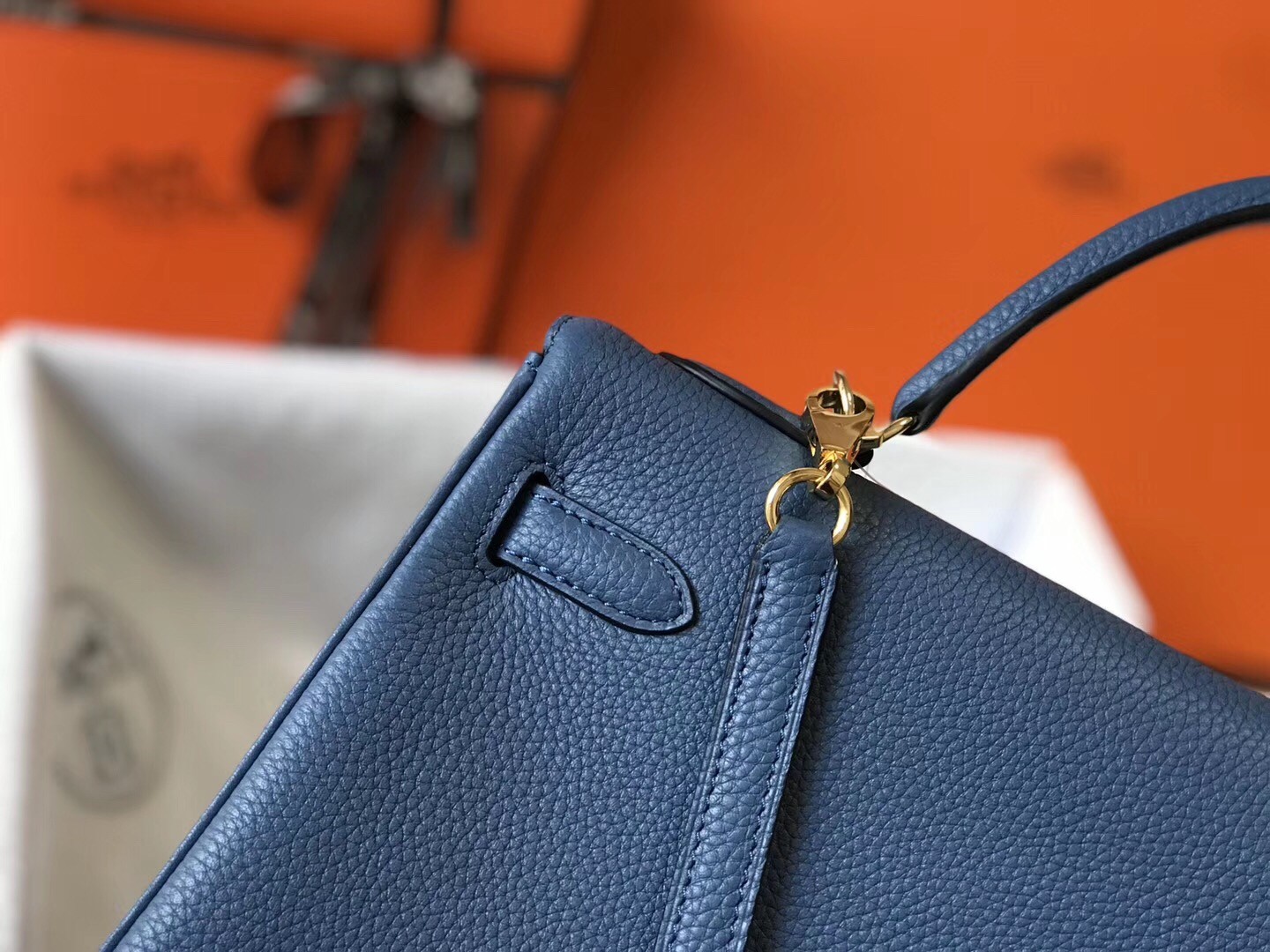 H**mes kelly 32cm retourne bag in blue agate clemence leather
