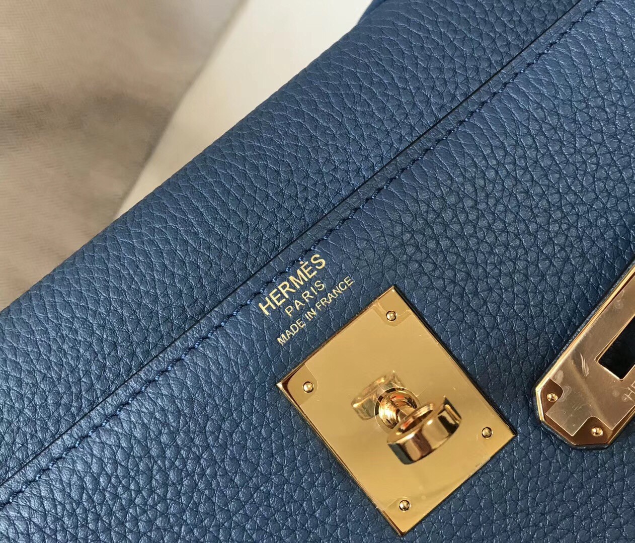 H**mes kelly 32cm retourne bag in blue agate clemence leather