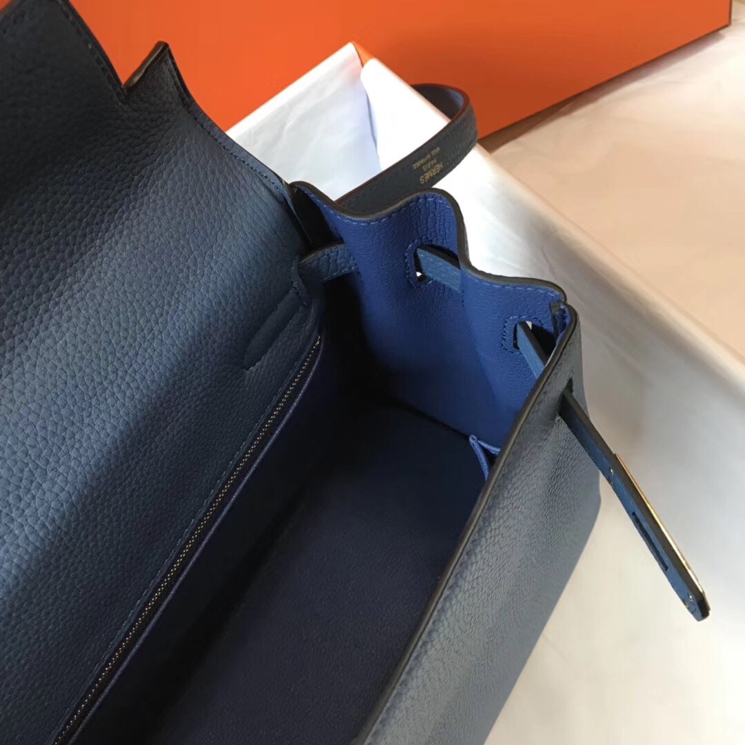 H**mes kelly 32cm retourne bag in blue agate clemence leather