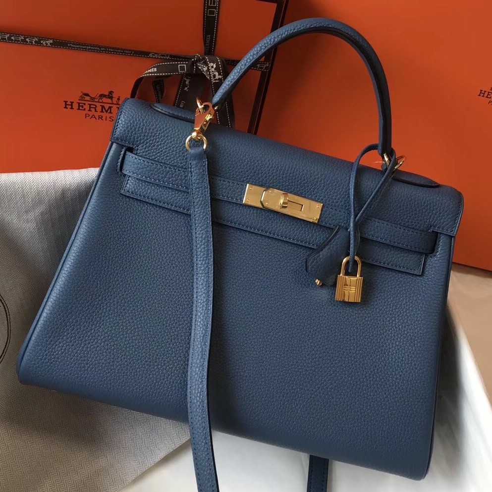 H**mes kelly 32cm retourne bag in blue agate clemence leather