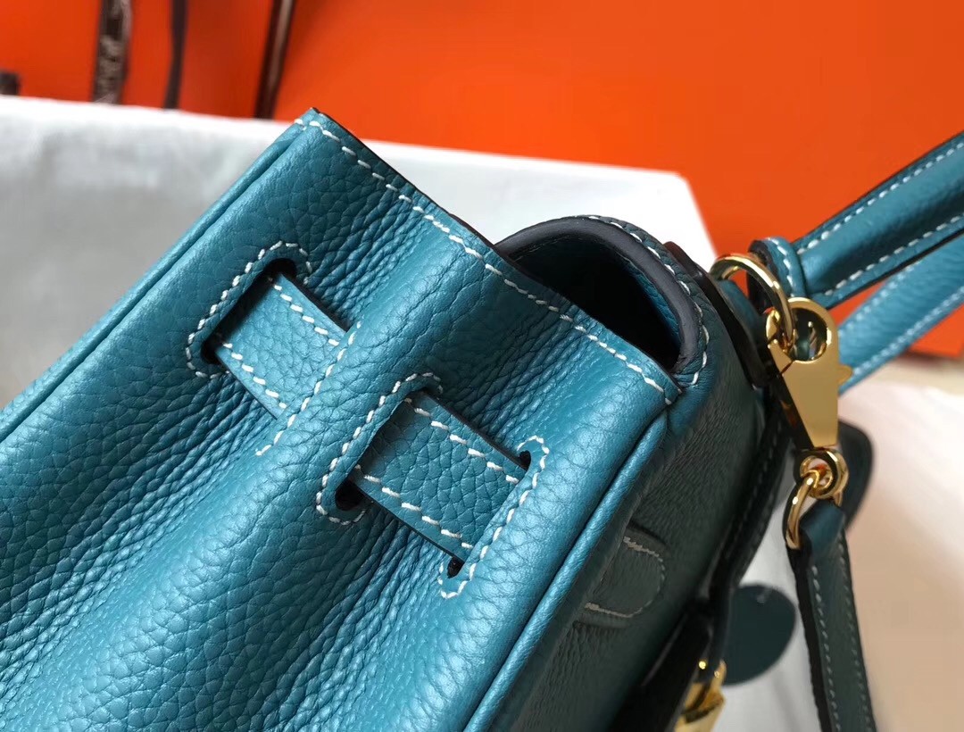 H**mes kelly 32cm retourne bag in blue jean clemence leather