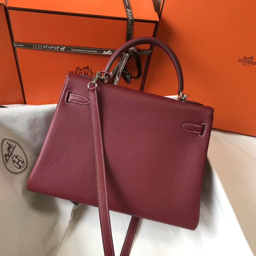 H**mes kelly 32cm retourne bag in bordeaux clemence leather